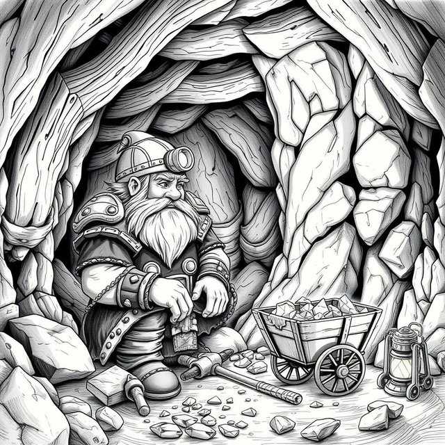 A finely detailed black and white drawing of a dwarven mineral prospector inside a well-designed mine