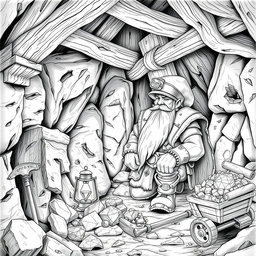 A finely detailed black and white drawing of a dwarven mineral prospector inside a well-designed mine