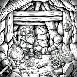 A finely detailed black and white drawing of a dwarven mineral prospector inside a well-designed mine