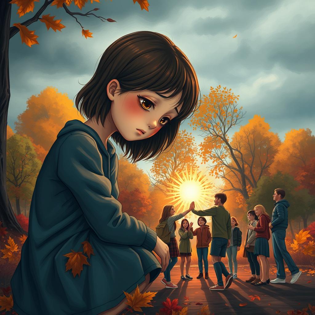 A poignant scene of a really sad girl sitting alone in a park, surrounded by colorful autumn leaves, her face downcast and eyes filled with sorrow, representing her loneliness