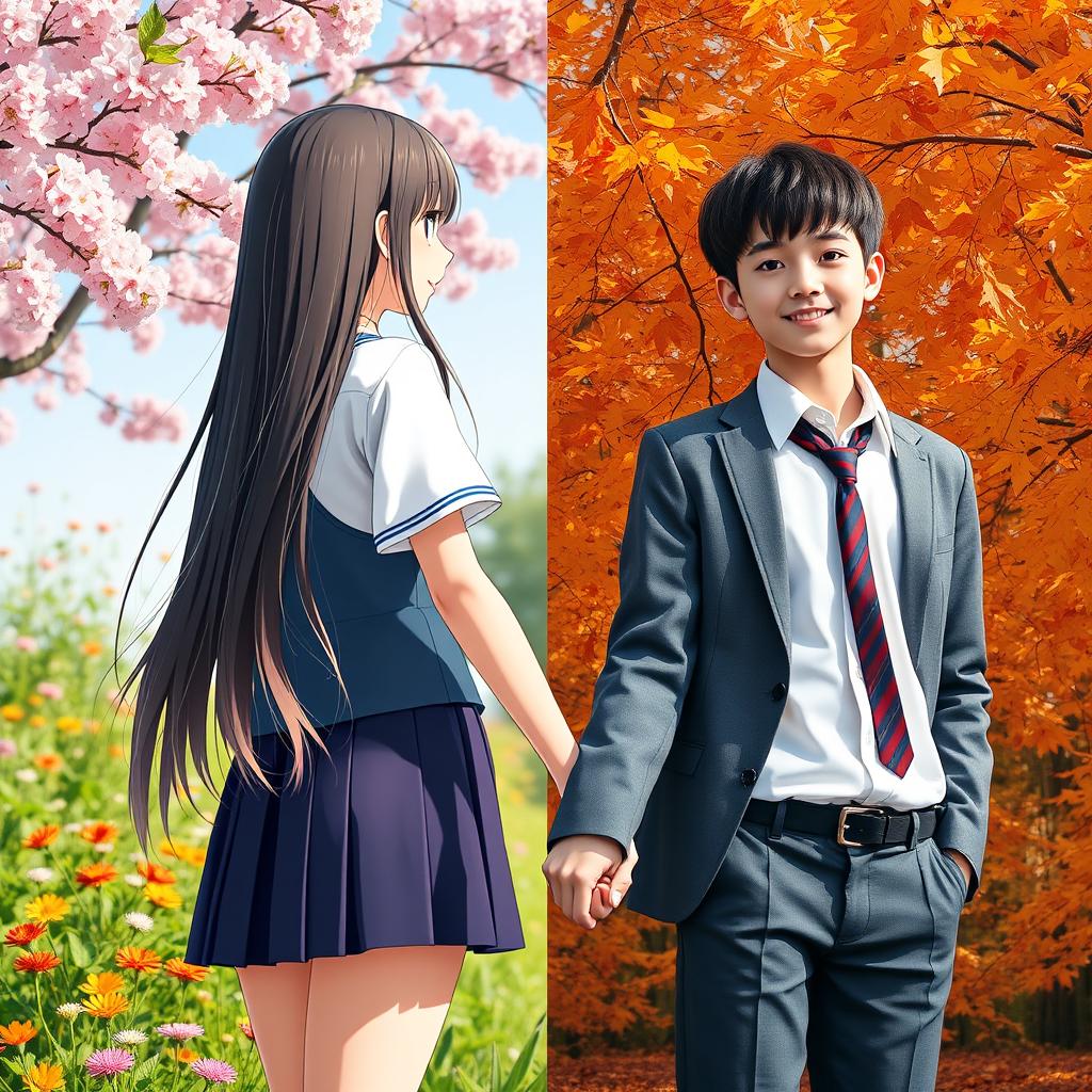 A split scene featuring a girl standing with her back turned in a vibrant spring setting on one side, and a boy facing forward in a colorful autumn backdrop on the other