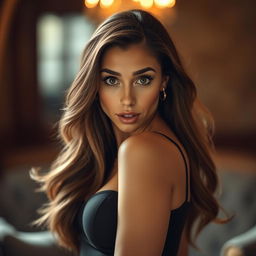 A stunning 30-year-old woman with a look of surprise, facing the camera directly in a sensual pose