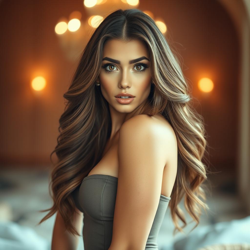 A stunning 30-year-old woman with a look of surprise, facing the camera directly in a sensual pose