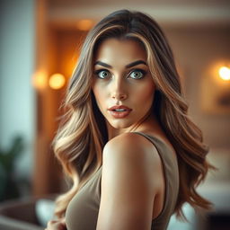 A stunning 30-year-old woman with a look of surprise, facing the camera directly in a sensual pose