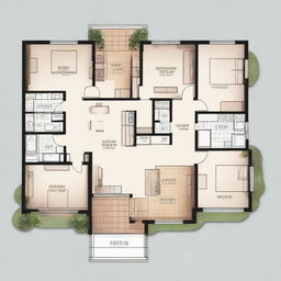 A house plan showcasing a simplistic design featuring three bedrooms, a kitchen connected to the dining room, and entrances from both the front and the back of the house.