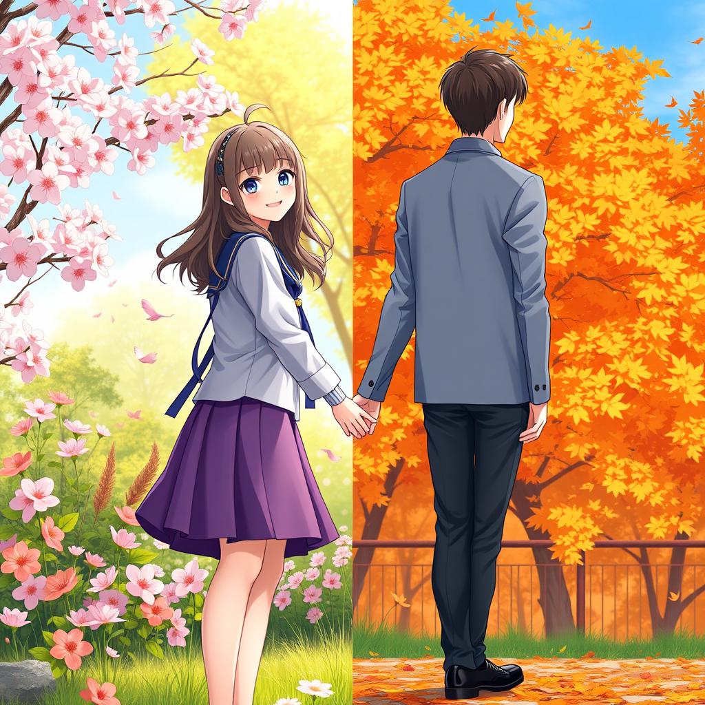 A split scene depicting a girl standing in a vibrant spring setting on one side, turning her body slightly, and a boy facing away on the other side in a colorful autumn backdrop