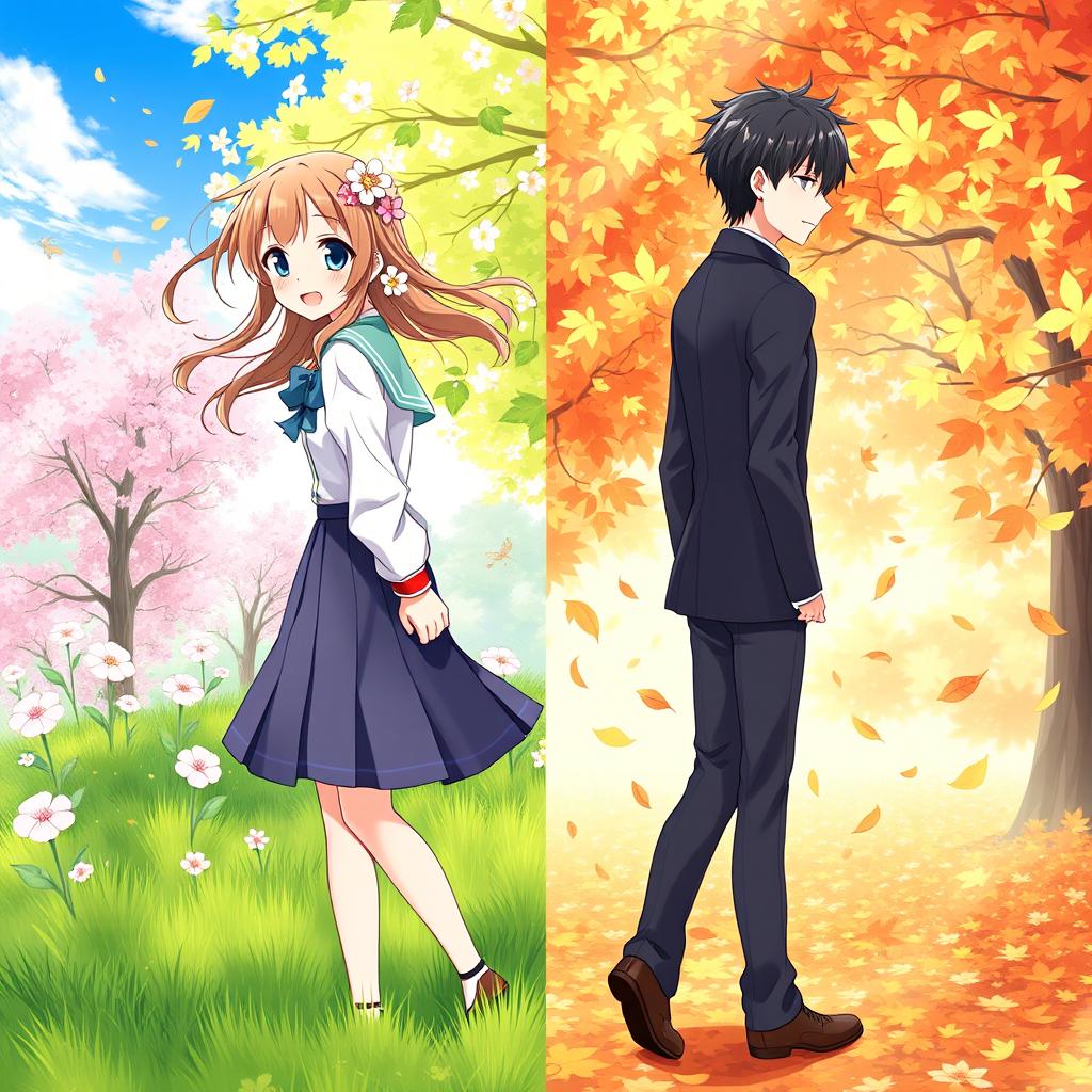 A split scene depicting a girl standing in a vibrant spring setting on one side, turning her body towards the left, and a boy in a rich autumn backdrop on the other side, turning towards the right