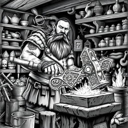 A highly detailed black and white drawing of a dwarven blacksmith in the midst of crafting an intricate magical hammer