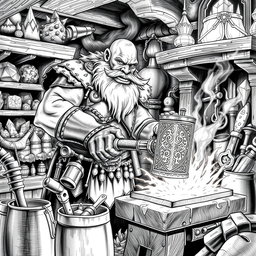 A highly detailed black and white drawing of a dwarven blacksmith in the midst of crafting an intricate magical hammer