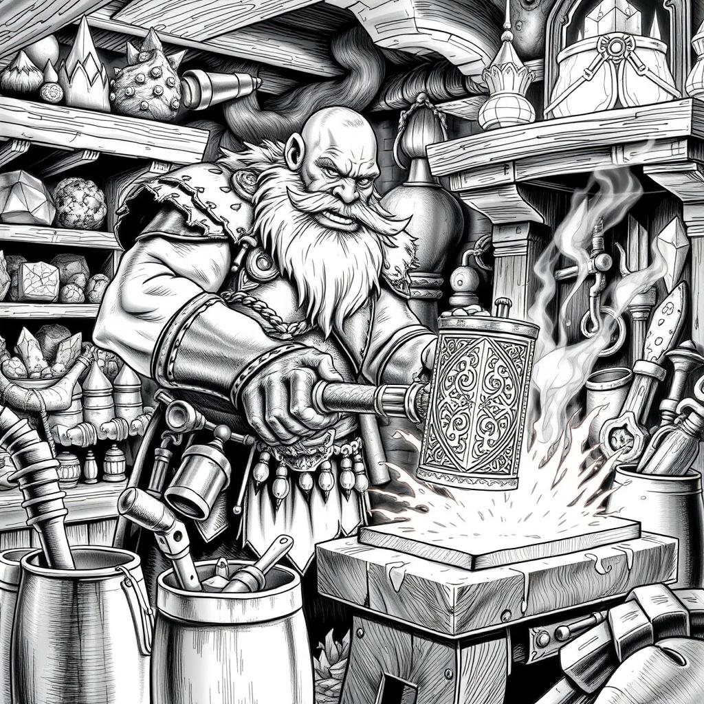 A highly detailed black and white drawing of a dwarven blacksmith in the midst of crafting an intricate magical hammer