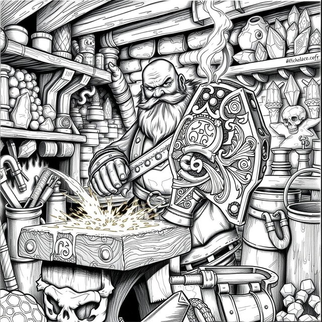 A highly detailed black and white drawing of a dwarven blacksmith in the midst of crafting an intricate magical hammer