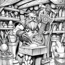 A highly detailed black and white drawing of a dwarven blacksmith in the midst of crafting an intricate magical hammer