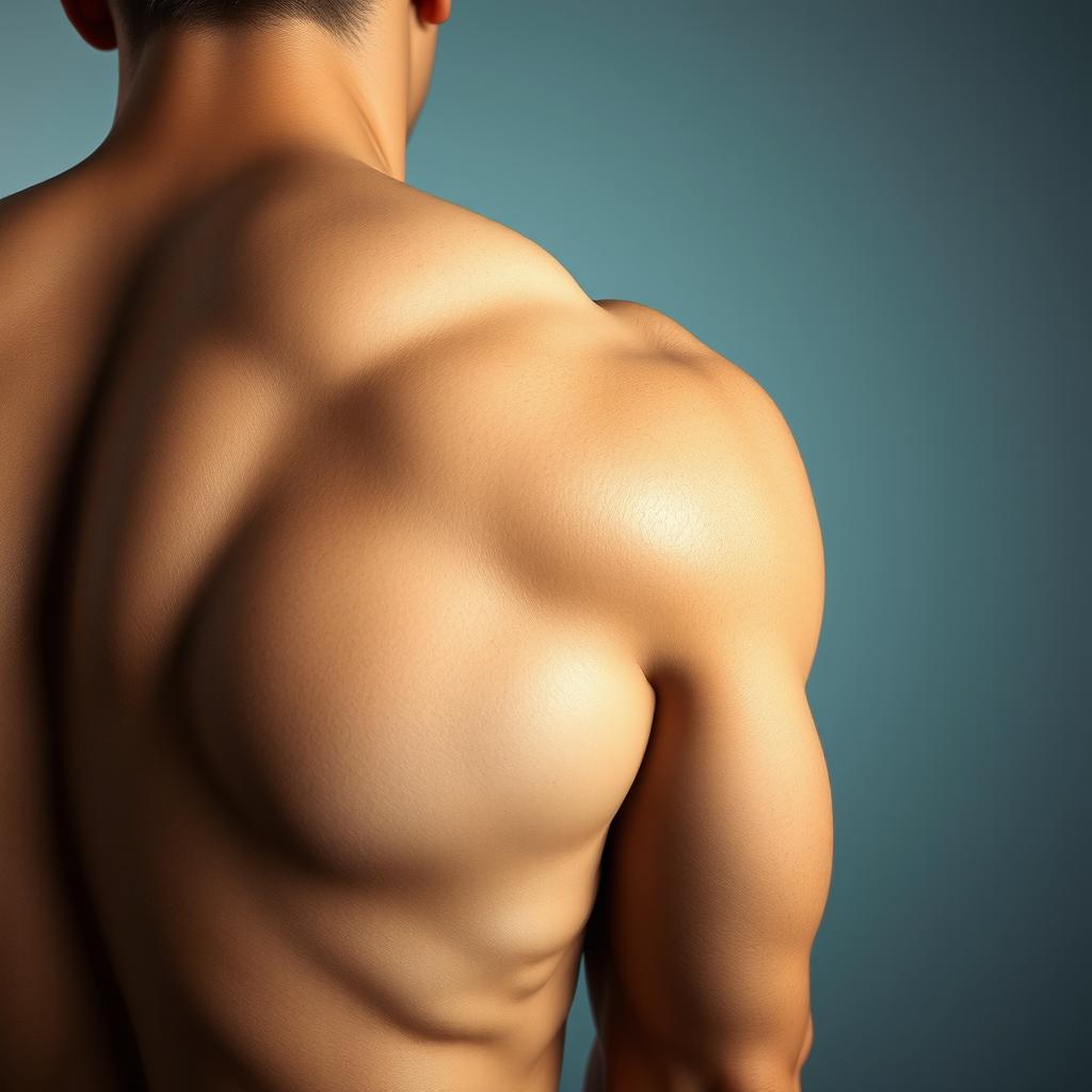 A realistic portrayal of a muscular male torso viewed from a slight angle, showcasing the muscular definition of the shoulder and upper arm