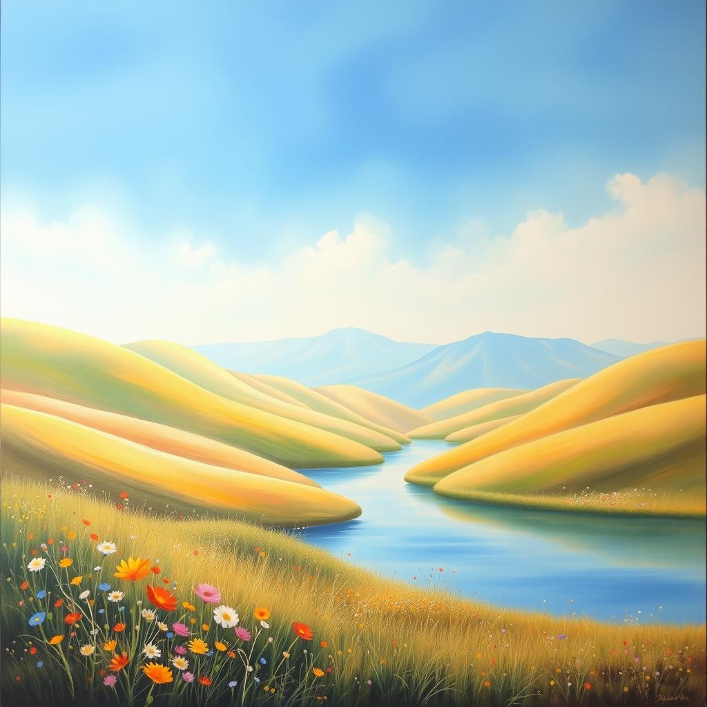 A serene landscape painting featuring soft, flowing hills under a bright blue sky