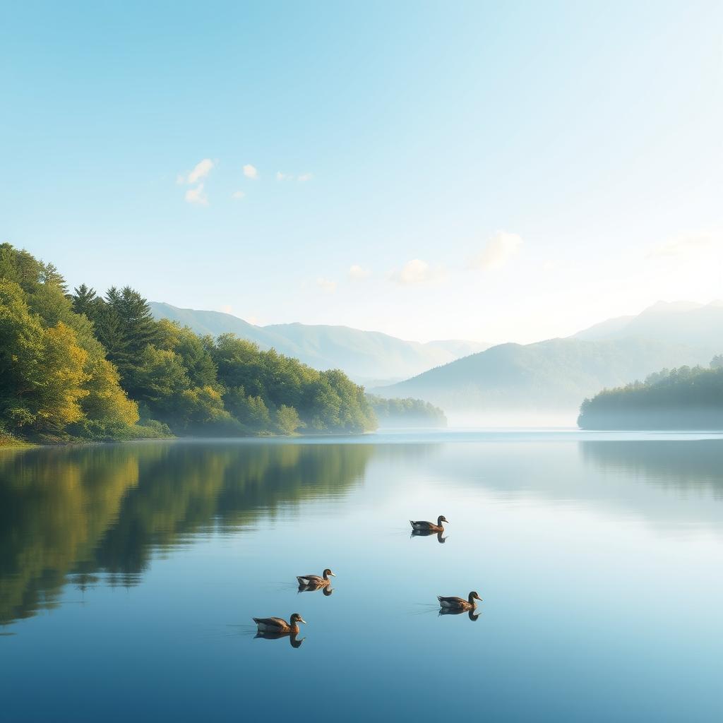 A serene landscape designed for painting, featuring a tranquil lake surrounded by lush green forests under a clear blue sky