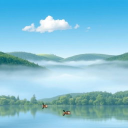 A serene landscape designed for painting, featuring a tranquil lake surrounded by lush green forests under a clear blue sky