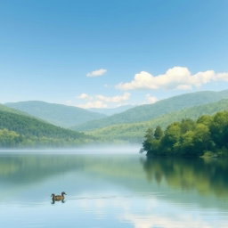 A serene landscape designed for painting, featuring a tranquil lake surrounded by lush green forests under a clear blue sky