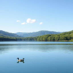 A serene landscape designed for painting, featuring a tranquil lake surrounded by lush green forests under a clear blue sky