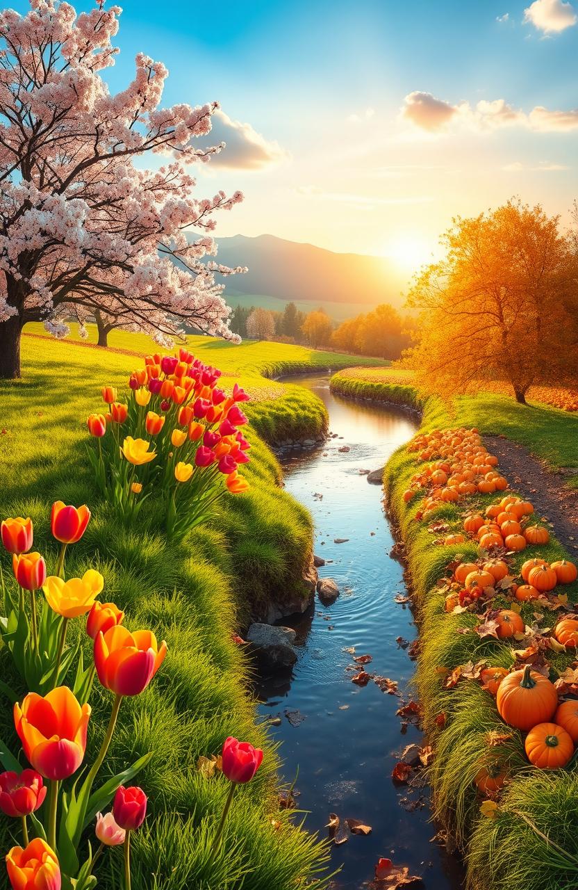 A beautiful landscape depicting the transition between spring and autumn