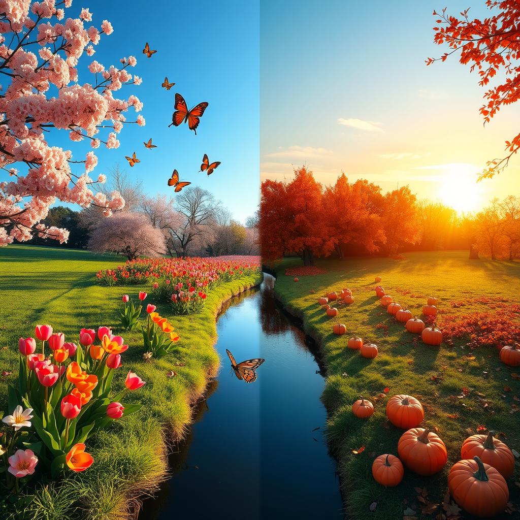 A captivating landscape that showcases the distinct beauty of spring and autumn, divided by a central partition