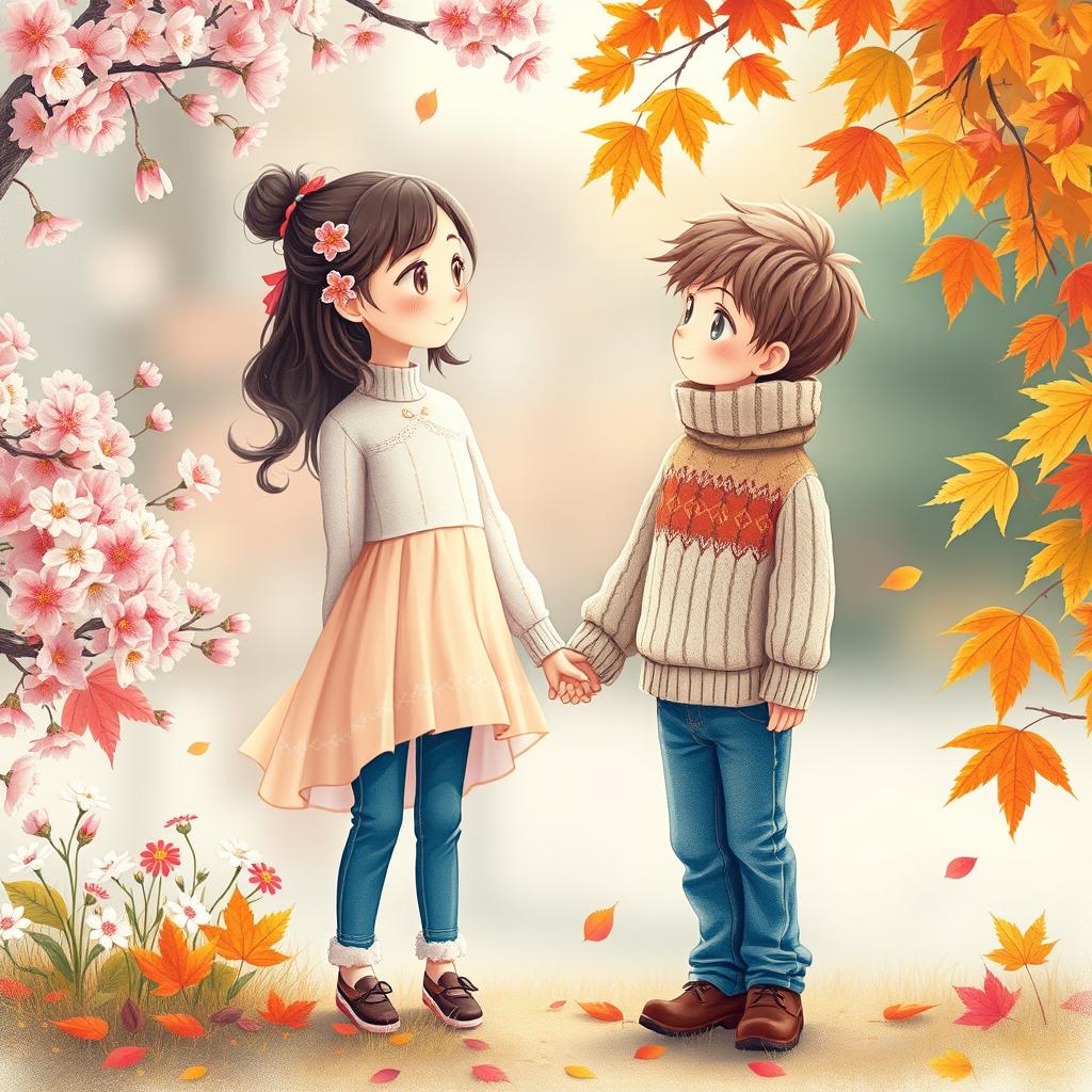 A charming scene depicting a girl in spring and a boy in autumn, both dressed in seasonal attire, looking in opposite directions while holding hands