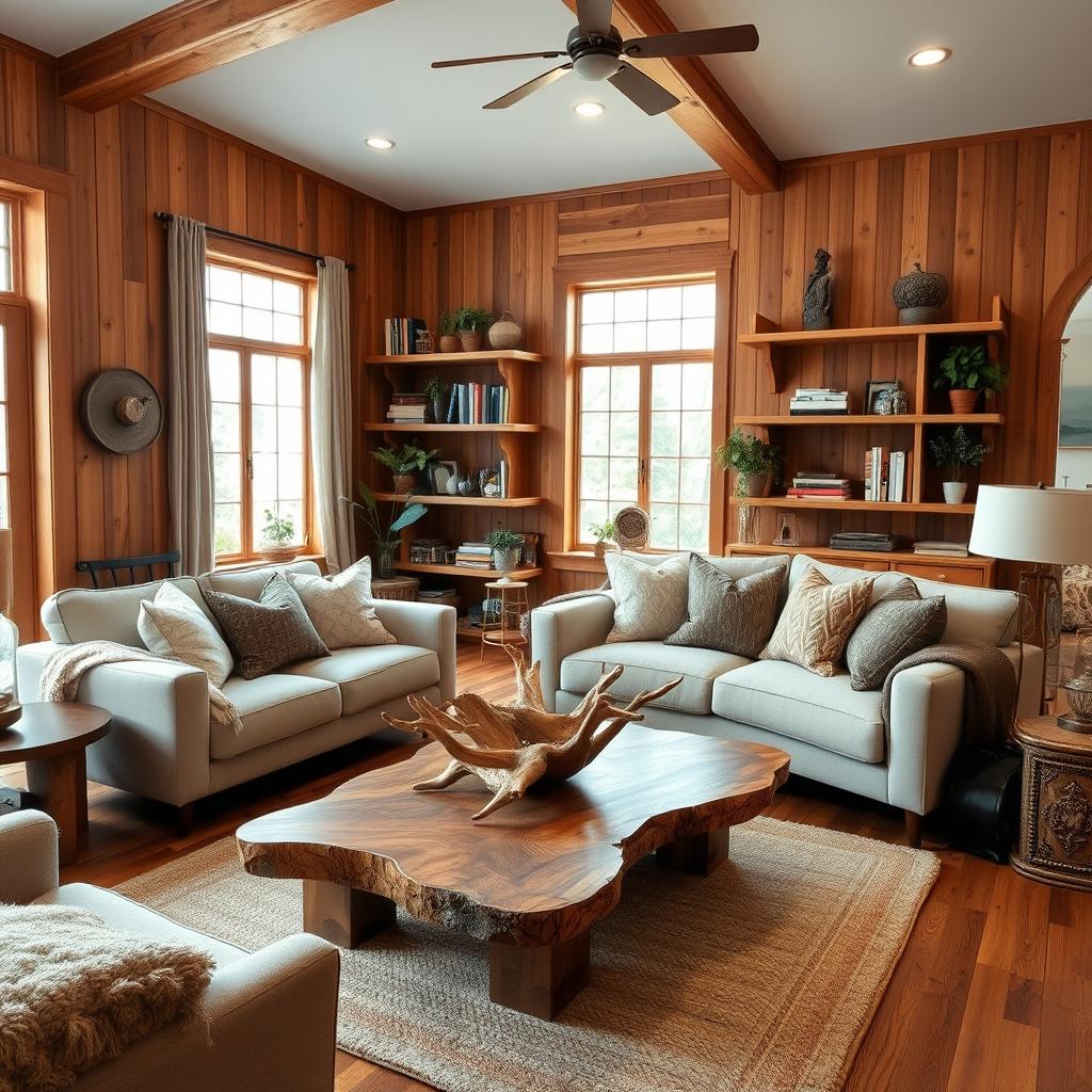 A beautifully decorated living room featuring wooden accessories and accents