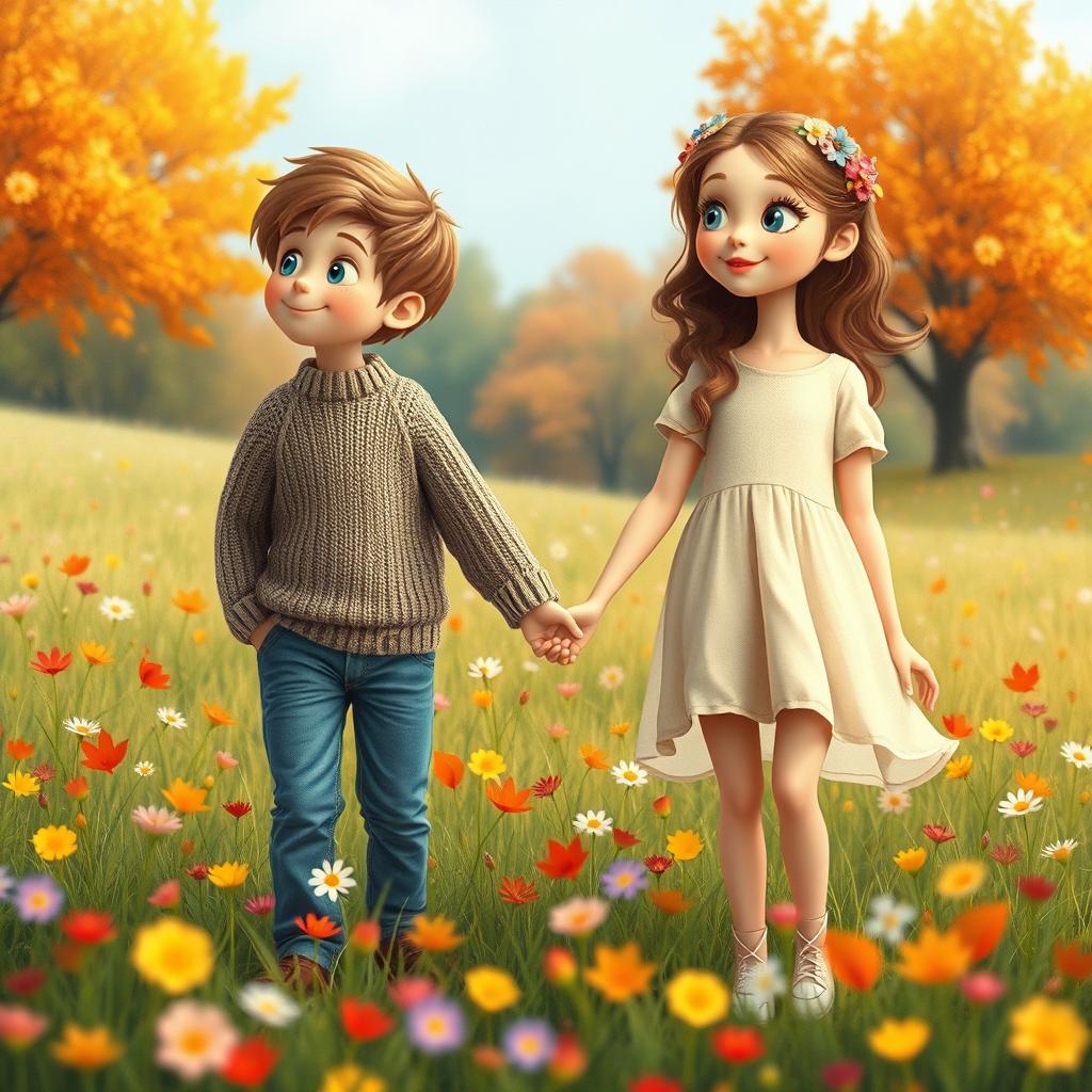 A whimsical scene featuring a girl in spring and a boy in autumn, both holding hands while looking in opposite directions