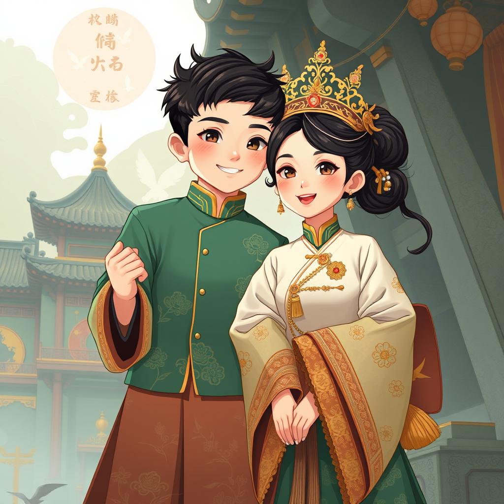 Ilustrasi fantasi yang menarik menampilkan karakter laki-laki muda dan tampan dengan pakaian tradisional Tiongkok, terinspirasi oleh motif klasik