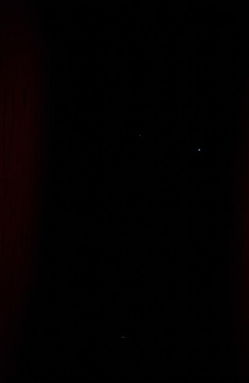 A dimly lit, eerie environment featuring dark shadows and ominous corners, with striking red blood splashes on the walls and floor, creating a sense of foreboding and tension