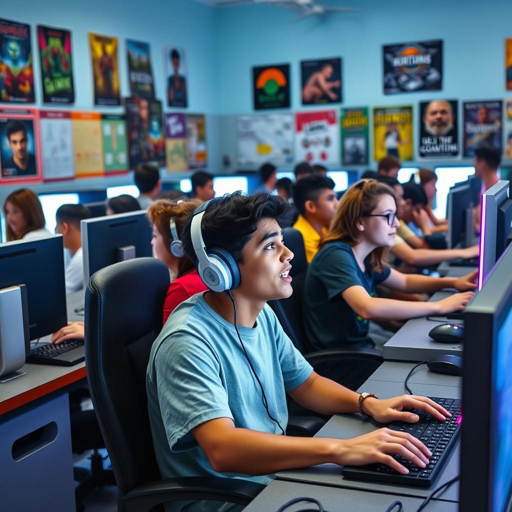 A vibrant computer lab filled with diverse students actively engaged in playing video games