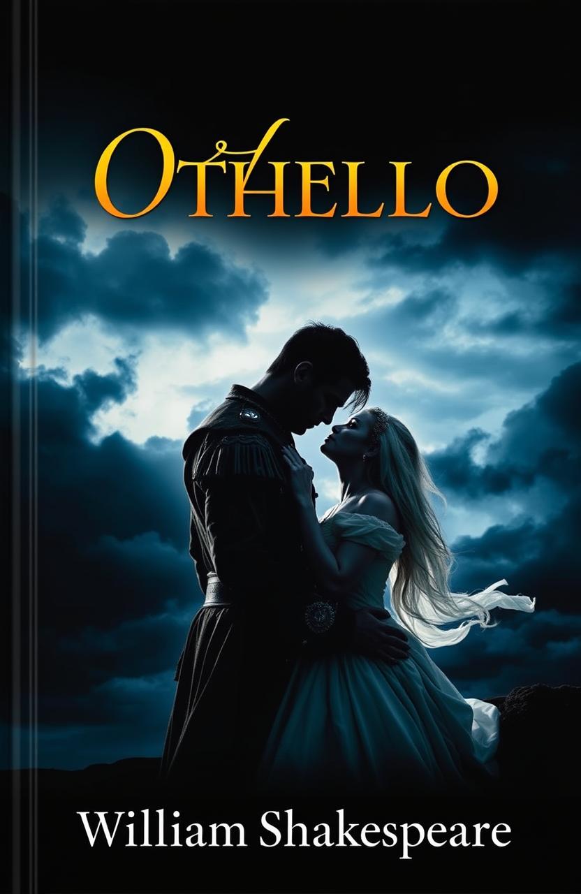 A striking book cover for Shakespeare's play 'Othello', showcasing a dramatic scene that highlights themes of jealousy, betrayal, and love