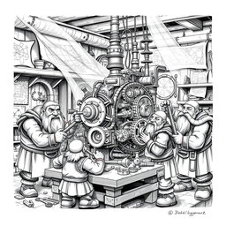 A meticulously detailed black and white drawing of a group of dwarves collaboratively assembling a large, intricate machine inside a workshop
