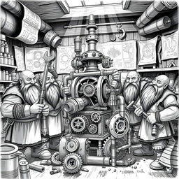 A meticulously detailed black and white drawing of a group of dwarves collaboratively assembling a large, intricate machine inside a workshop