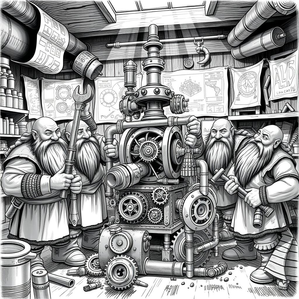A meticulously detailed black and white drawing of a group of dwarves collaboratively assembling a large, intricate machine inside a workshop