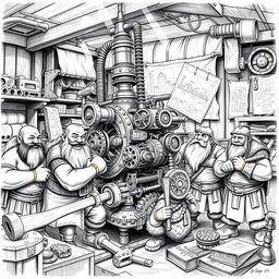 A meticulously detailed black and white drawing of a group of dwarves collaboratively assembling a large, intricate machine inside a workshop