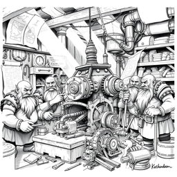A meticulously detailed black and white drawing of a group of dwarves collaboratively assembling a large, intricate machine inside a workshop