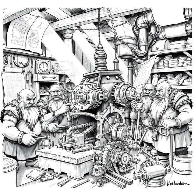 A meticulously detailed black and white drawing of a group of dwarves collaboratively assembling a large, intricate machine inside a workshop