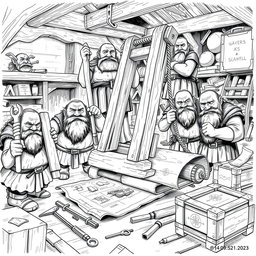 A detailed black and white drawing of a group of dwarves assembling a large catapult in a bustling workshop