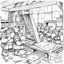 A detailed black and white drawing of a group of dwarves assembling a large catapult in a bustling workshop