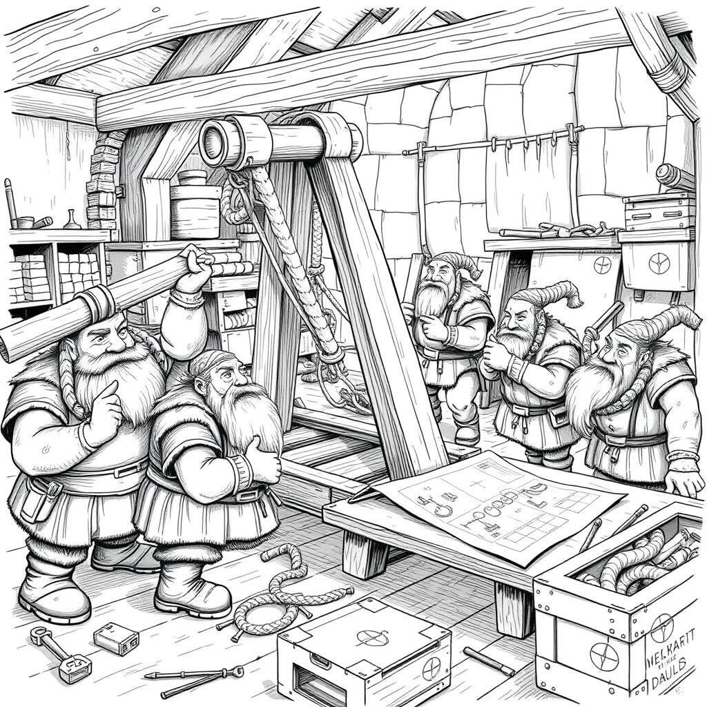 A detailed black and white drawing of a group of dwarves assembling a large catapult in a bustling workshop