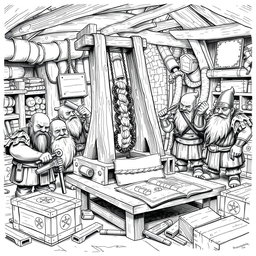 A detailed black and white drawing of a group of dwarves assembling a large catapult in a bustling workshop