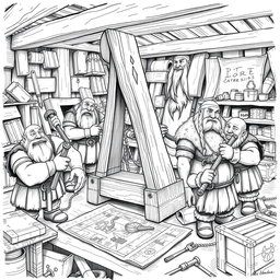 A detailed black and white drawing of a group of dwarves assembling a large catapult in a bustling workshop