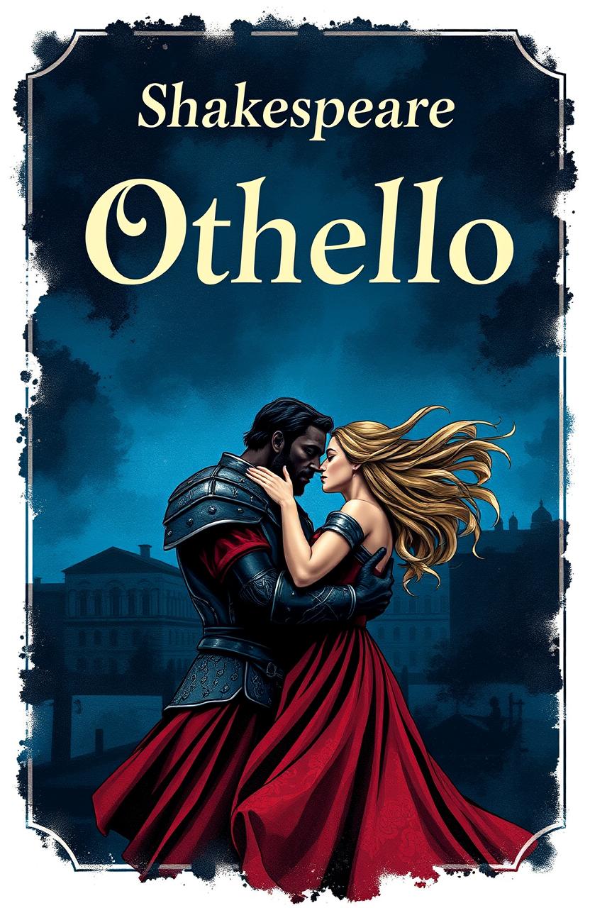 An artistic book cover design for Shakespeare's tragedy 'Othello', featuring a dramatic illustration of Othello and Desdemona in a passionate embrace