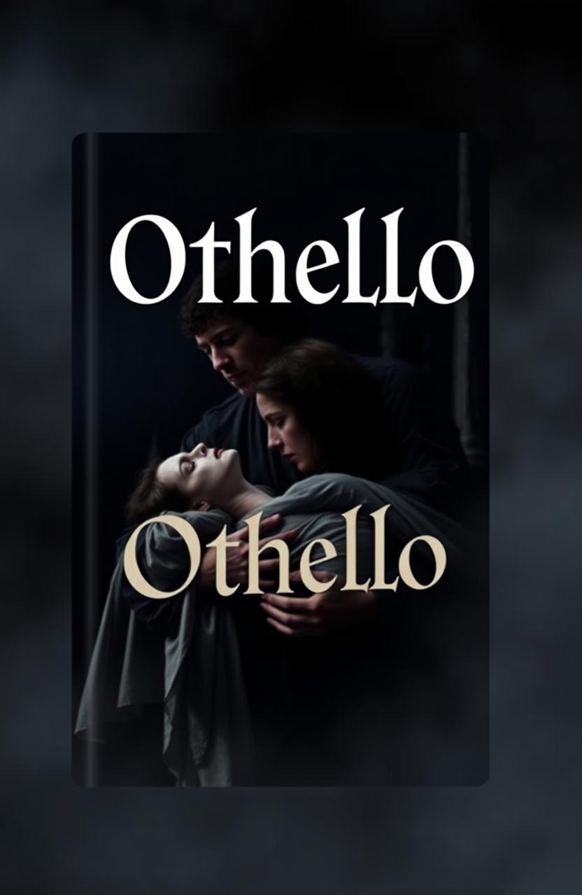 A dramatic and haunting book cover design for the play Othello, depicting a sorrowful Othello holding the lifeless body of Desdemona in his arms