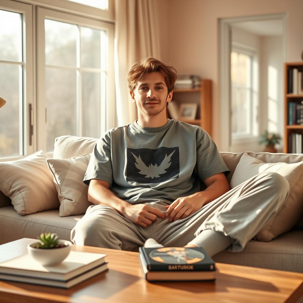 A relaxed and chill guy lounging comfortably on a cozy, mid-century modern sofa, wearing a casual oversized graphic tee and soft joggers