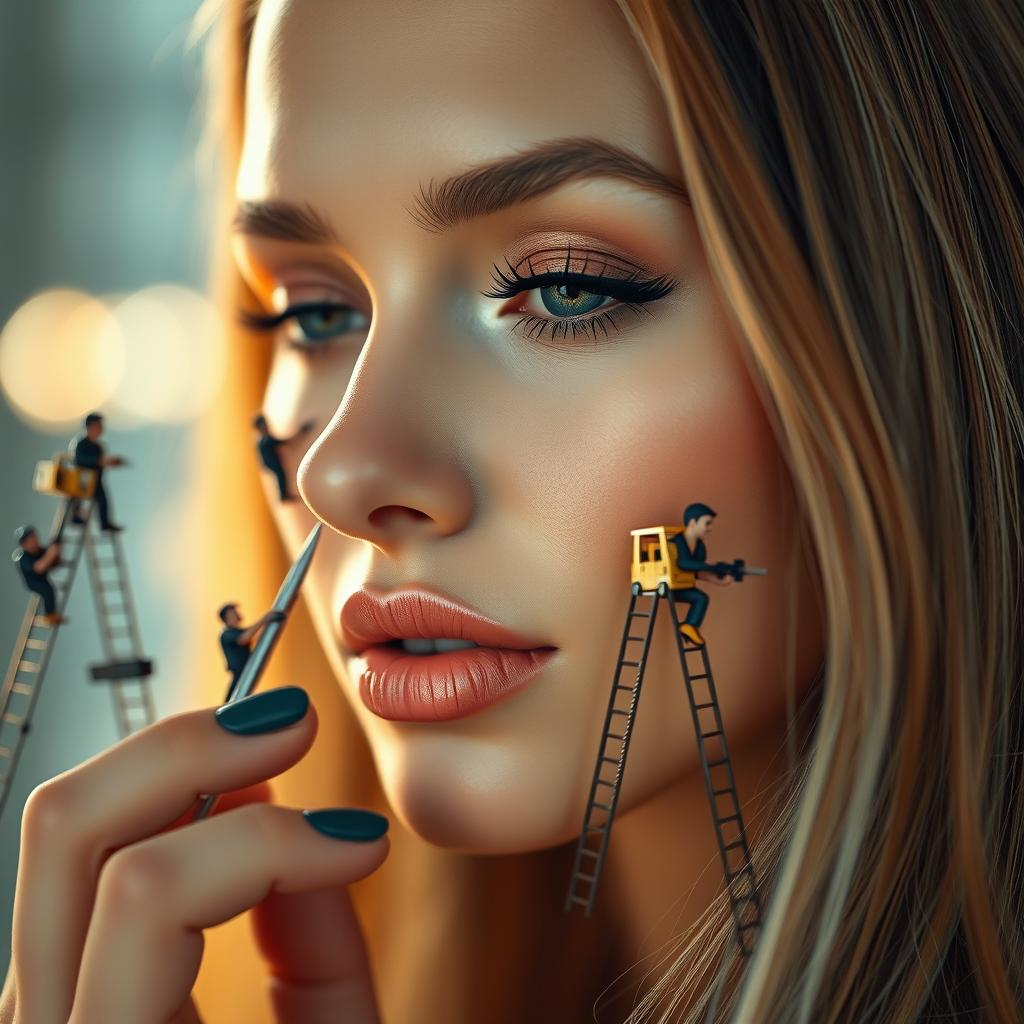 tiny workers in detailed outfits working on the flawless face of a stunning woman, applying makeup like a construction project