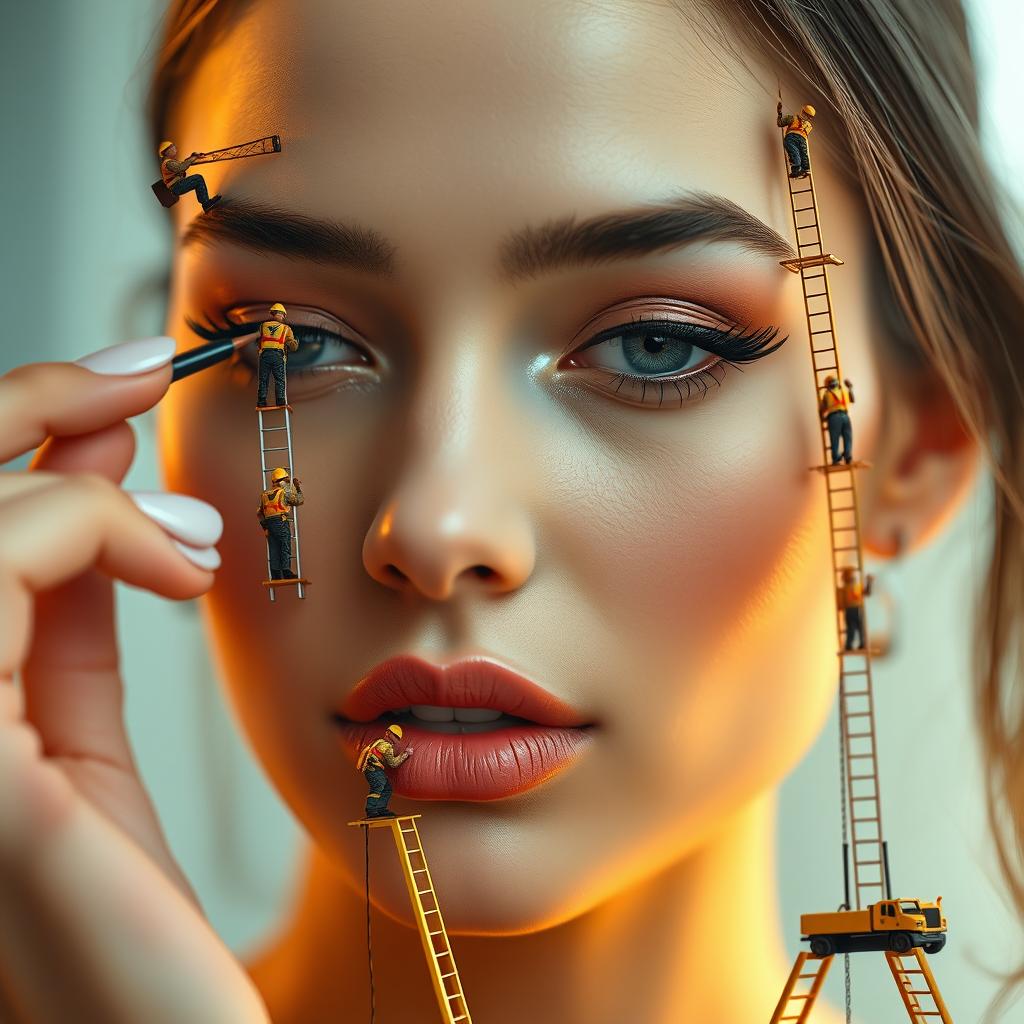 Tiny workers in intricate outfits working on the flawless face of a stunning woman, applying makeup like a construction project