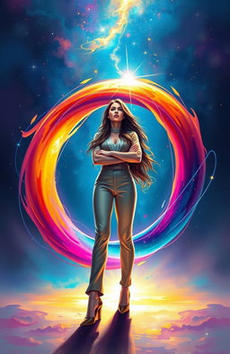 A captivating digital painting reflecting the theme of infinite possibilities and empowerment, featuring a strong, confident woman standing amidst a swirling infinity symbol made of vibrant colors