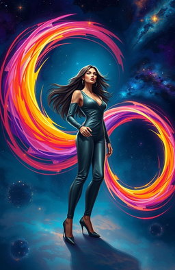 A captivating digital painting reflecting the theme of infinite possibilities and empowerment, featuring a strong, confident woman standing amidst a swirling infinity symbol made of vibrant colors