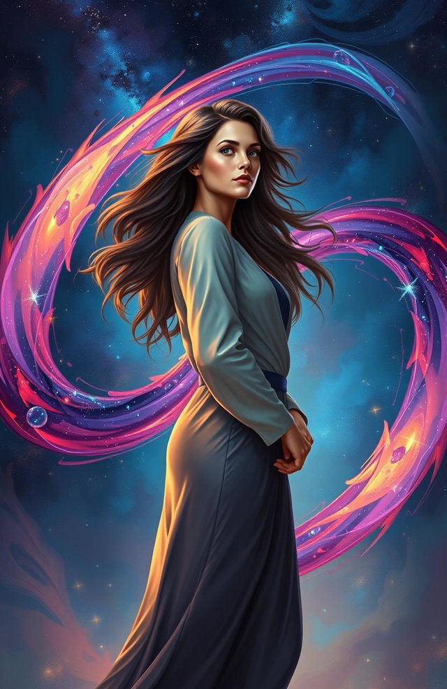 A captivating digital painting reflecting the theme of infinite possibilities and empowerment, featuring a strong, confident woman standing amidst a swirling infinity symbol made of vibrant colors